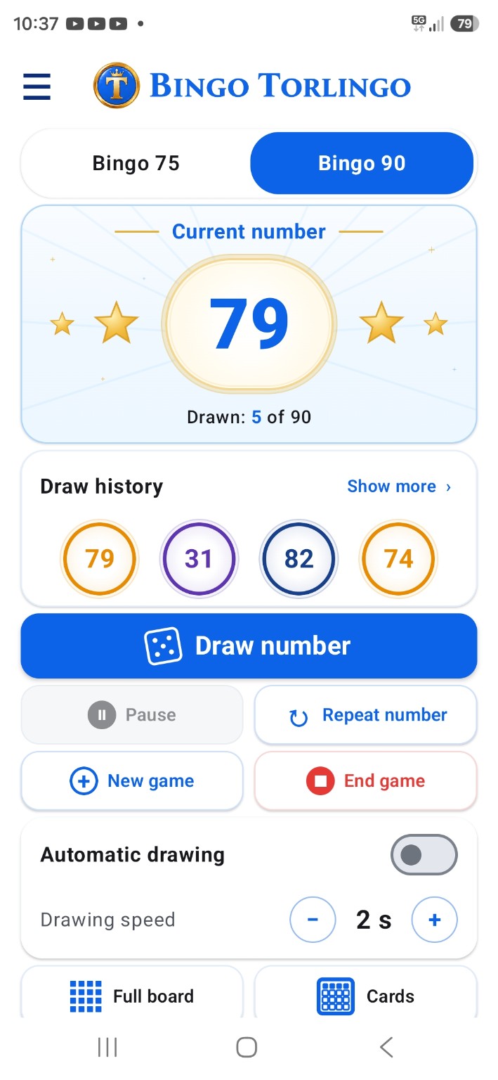 Bingo Torlingo main draw screen